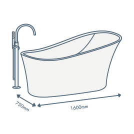 iconography image of a bathtub with 1600mm length text and 750mm width text illustrating this sized bath
