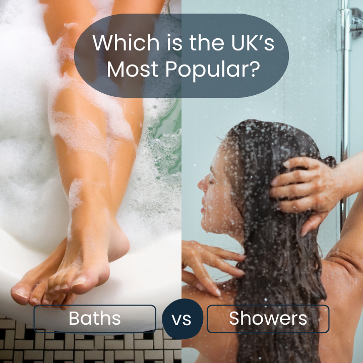 baths versus showers header image showing person laying in bath and woman showering with text saying which is the uk's most popular baths vs showers