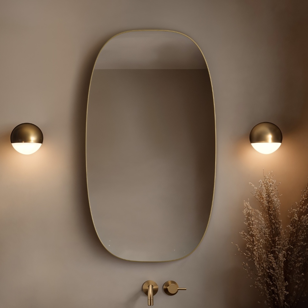 Origins Living Oslo Brushed Brass 450 x 800mm Barrel Mirror Lifestyle 1