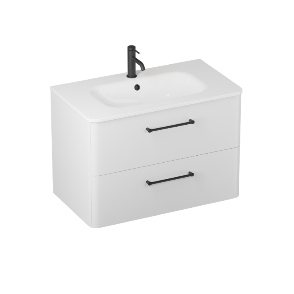 Product cut out image photo of Britton Bathrooms Camberwell 800mm Frosted White Wall Hung Vanity Unit and Basin with black Handles C80DDW