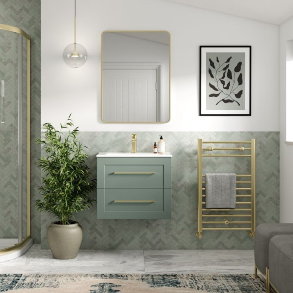 Apex Frame Matt Reed Green 615mm Wall Hung  2 Drawer Vanity Unit & Basin Lifestyle