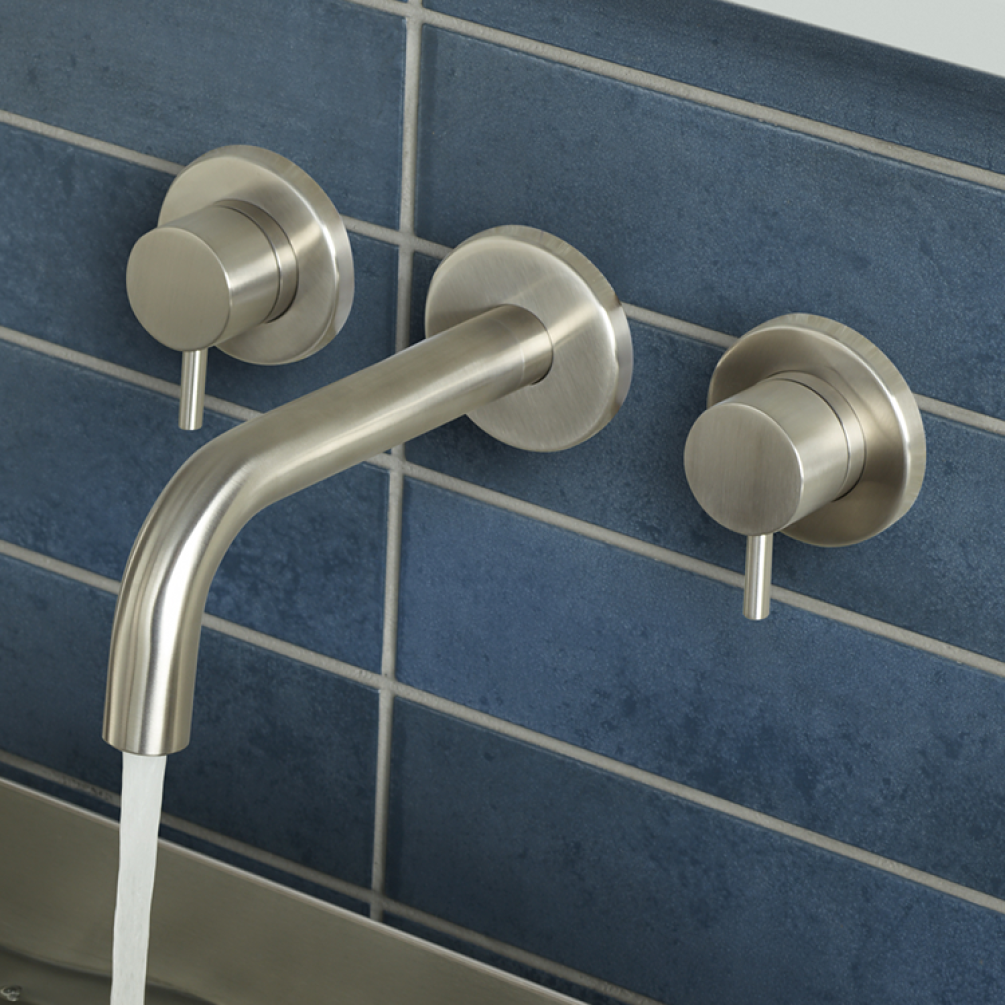 Lifestyle Photo of JTP Inox Brushed Stainless Wall Mounted 3TH Basin Mixer