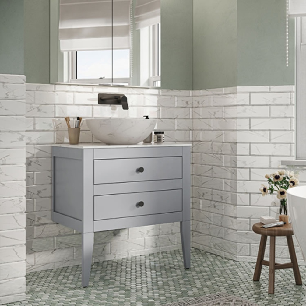 Lifestyle image of Crosswater Canvass Storm Grey Floor-Standing Vanity Unit with Marble Worktop