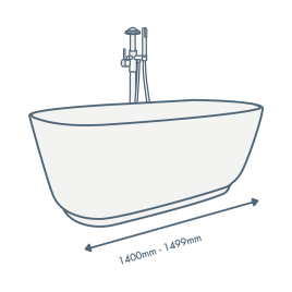 iconography image of a bathtub with 1400mm-1499mm text illustrating this length sized bath