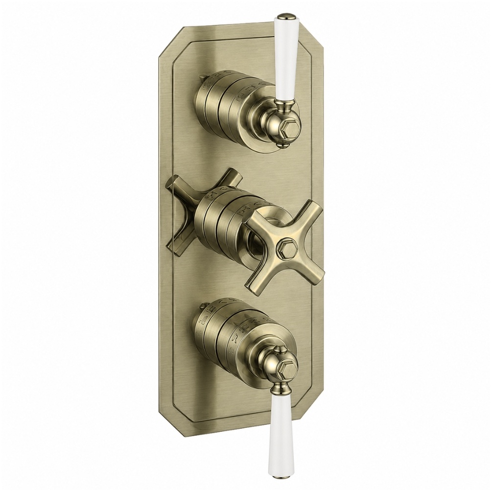 Cut out image of the Crosswater Waldorf Brushed Brass 3 Outlet 3 Handle White Lever Thermostatic Shower Valve