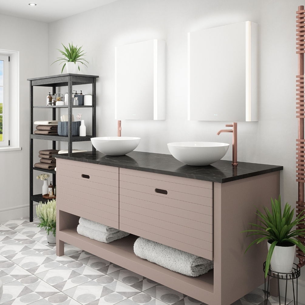 Product Lifestyle image of two Zurich Single Door LED Mirror Cabinet mounted above a double vanity unit