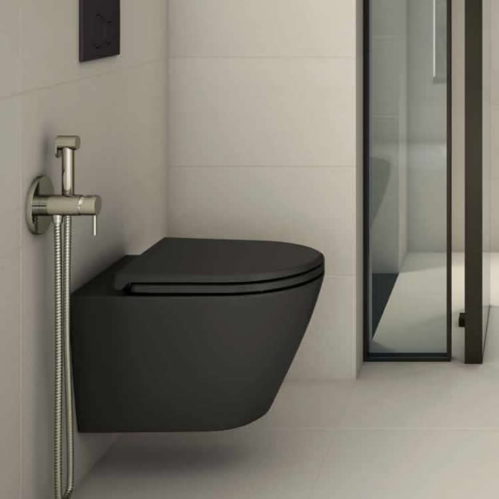 Photo Of RAK Feeling Matt Black Rimless Wall Hung WC & Seat - Lifestyle