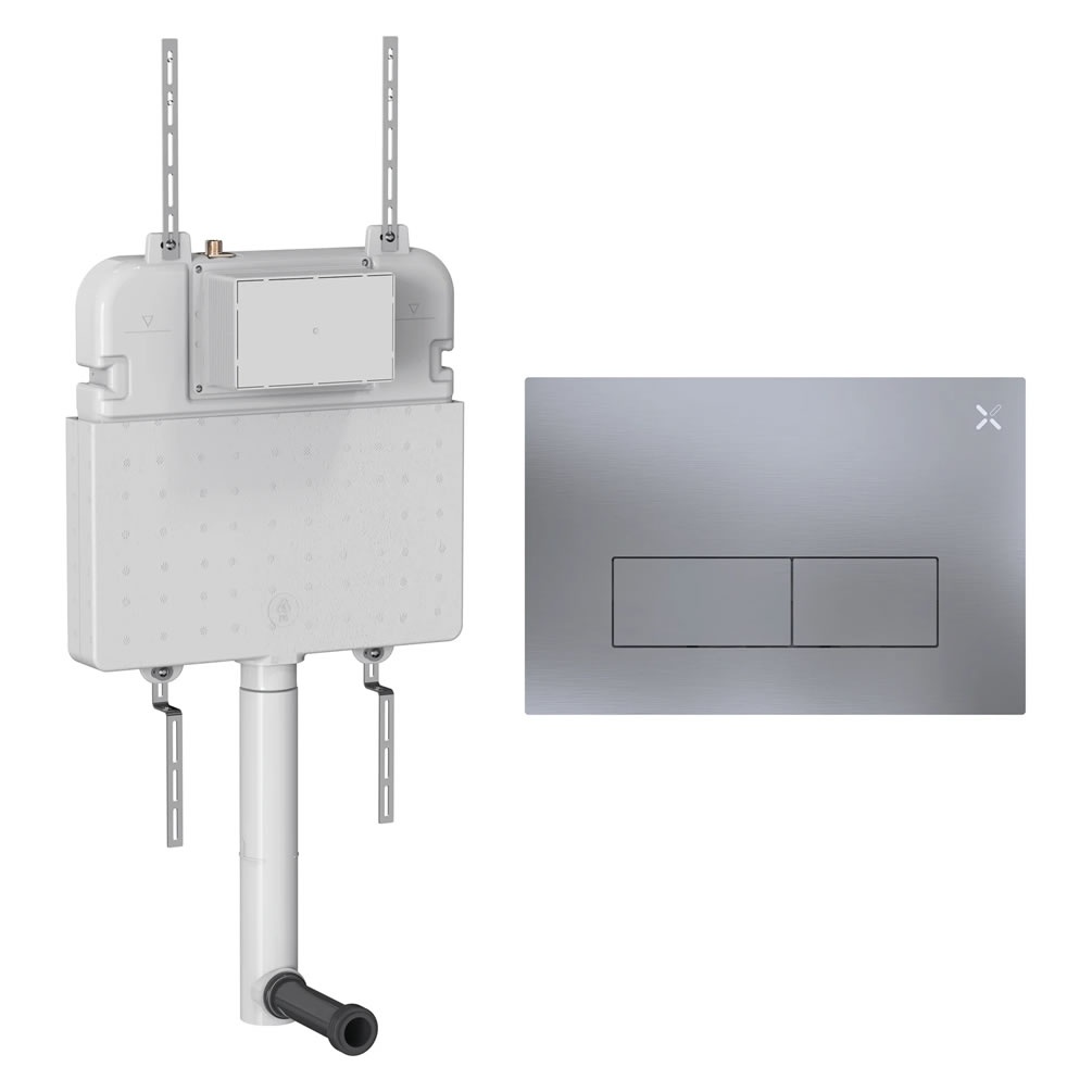 Cutout image of Crosswater 530mm Concealed Back-to-Wall Cistern & MPRO Stainless Steel Brushed Nickel Dual Flush Plate