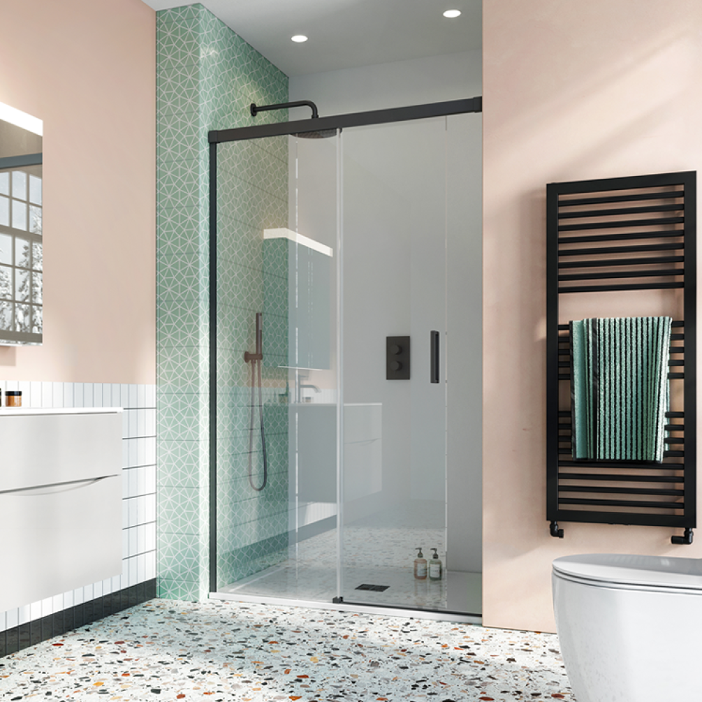 Photo of Crosswater Design 8 Matt Black Single Slider Shower Door with Soft Close In Recess