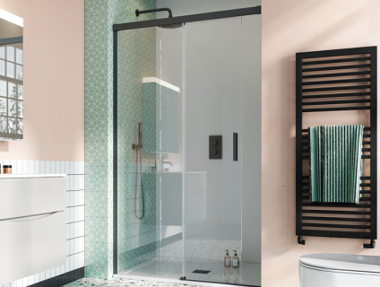 Photo of Crosswater Design 8 Matt Black Single Slider Shower Door with Soft Close In Recess