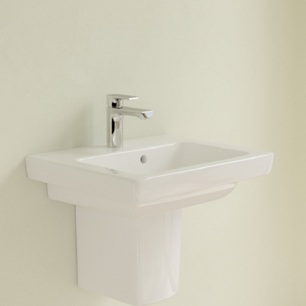 Front side angle Product lifestyle photo of Villeroy and Boch Subway 2.0 500mm Handwashbasin with semi pedestal trap cover 73155001