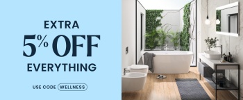 image of a freestanding bath with a light blue background to the left with words saying extra 5% off everything with code wellness