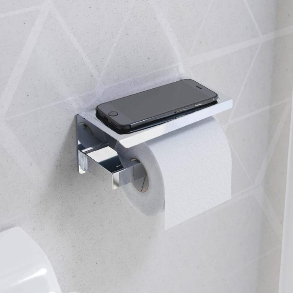 Product Lifestyle image of the Origins Living S Cube Chrome Toilet Roll Holder with Shelf
