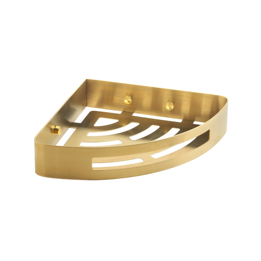 Close up product image of the Origins Living Nerva Brushed Brass Corner Shower Basket