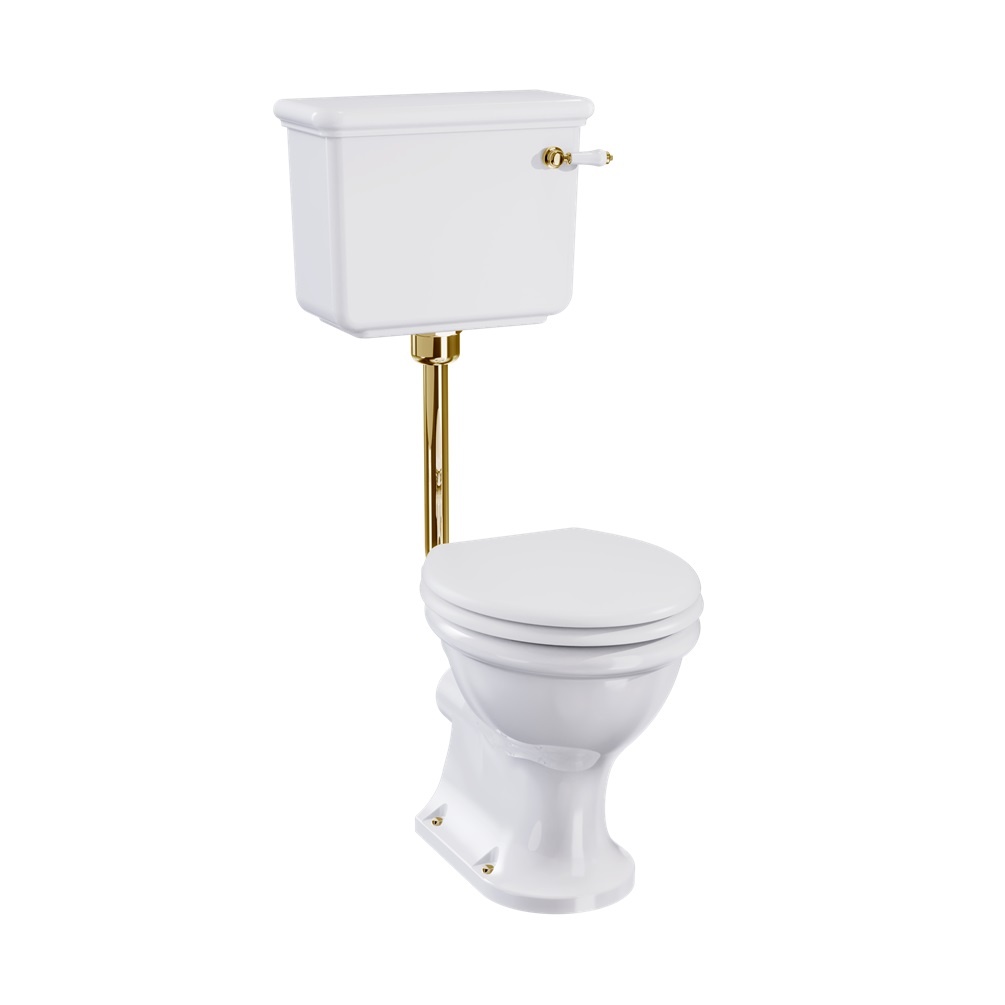 Product cut out image of Burlington Guild Low Level Toilet with Gold Flush Pipe Kit GU6118CW GU7005CW T31 GOLD