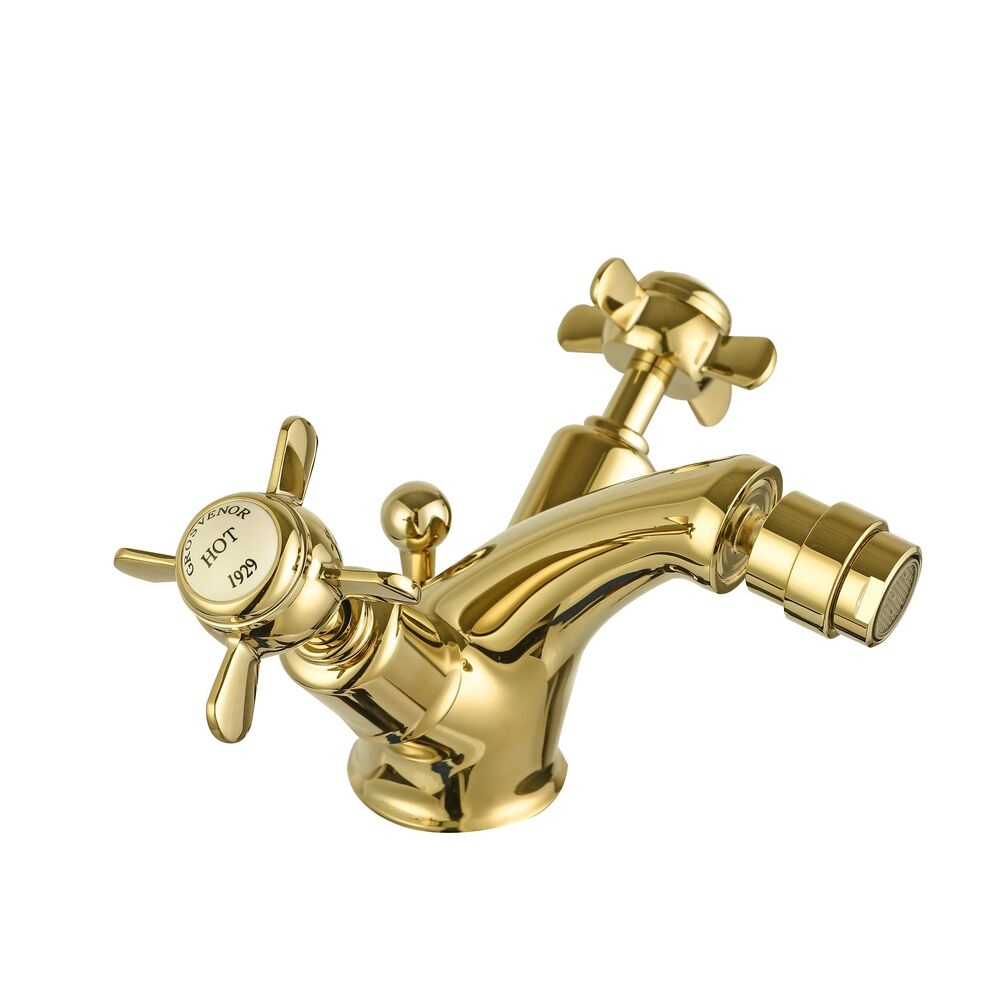 JTP Grosvenor Pinch Polished Gold Bidet Mixer with Pop Up Waste Cut Out