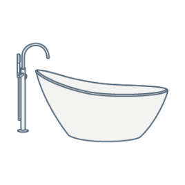 iconography image of a slipper bath. The freestanding bath is shaped like a slipper with a taller end to bath from at one end