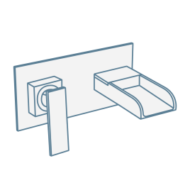iconography image of a two tap hole wall mounted waterfall basin mixer tap with lever handle and spout