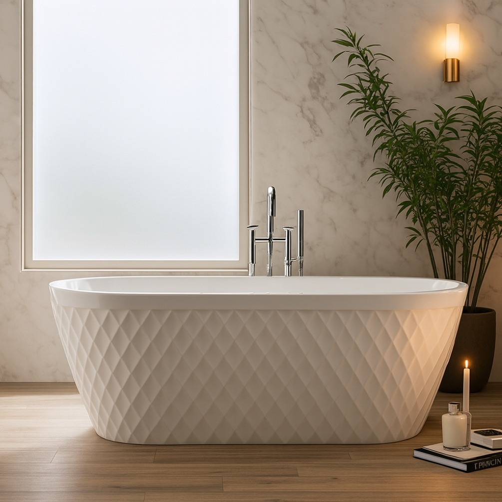 Lifestyle image of the Sanctuary Diamant 1700mm Double Ended Textured Freestanding Bath