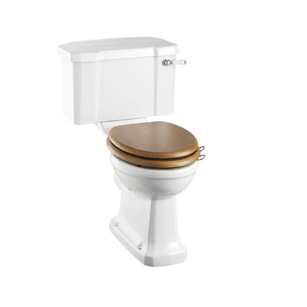 Product Cut out image of the Burlington Rimless Close Coupled Toilet with an Oak Toilet Seat and Chrome Seat Handles