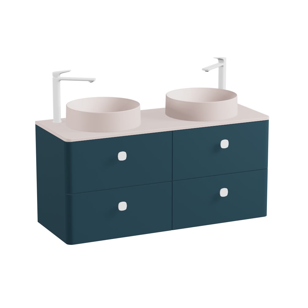 Vado Cameo 1200mm Atlantic Blue Wall Hung 4 Drawer Vanity Unit, Pink Worktop & Basins