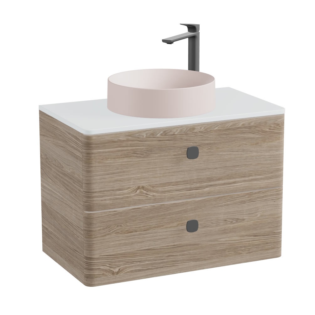 Vado Cameo 800mm Natural Oak Wall Hung 2 Drawer Vanity Unit, Arctic Worktop & Pink Basin