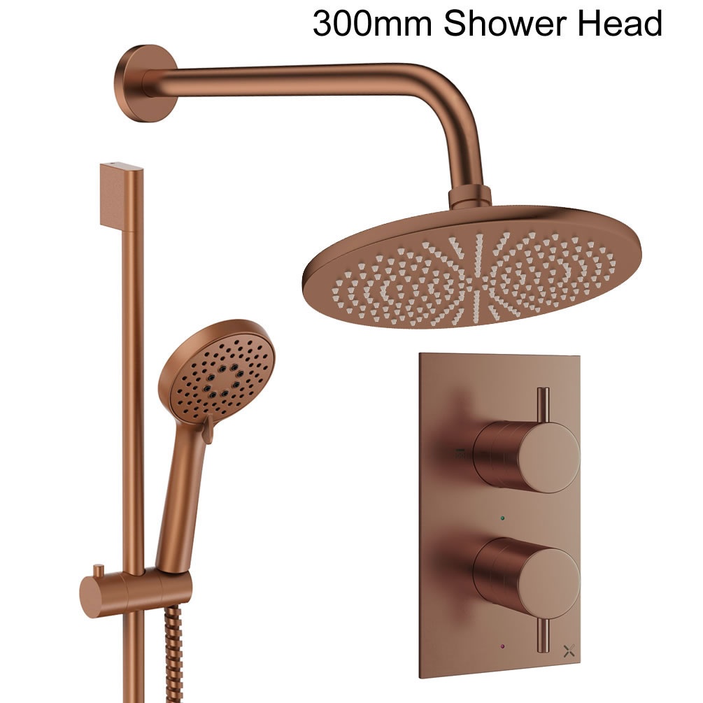 Cutout image of Crosswater Design Brushed Bronze Dual Outlet Slide Rail Shower Set 300mm head