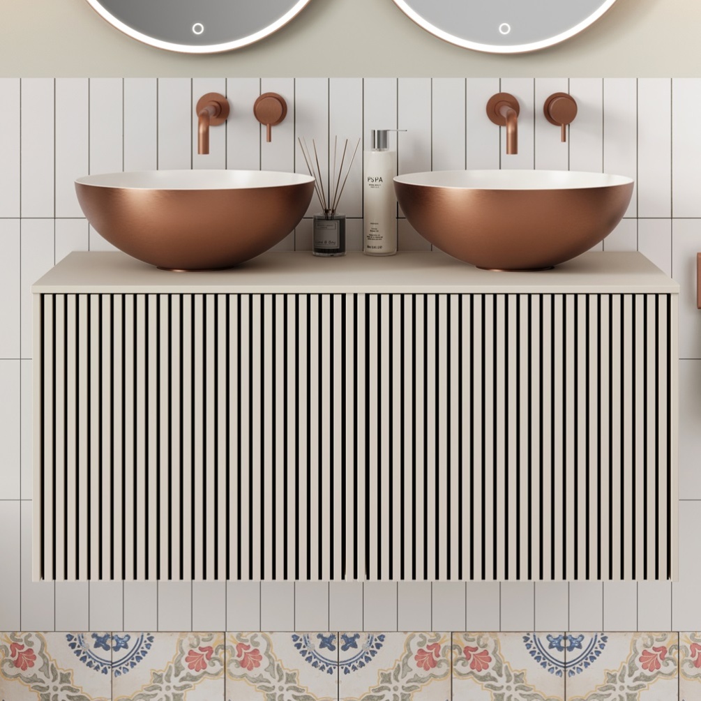 product lifestyle close up image of Crosswater Limit 1000mm Warm Stone Wall Hung Vanity Unit and Worktop front angle with bronze countertop basins and wall mounted taps above LM5000DRSAN LM1010TWS