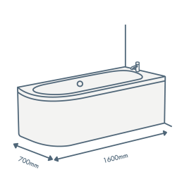 iconography image of a bathtub with 1600mm length text and 700mm width text illustrating this sized bath