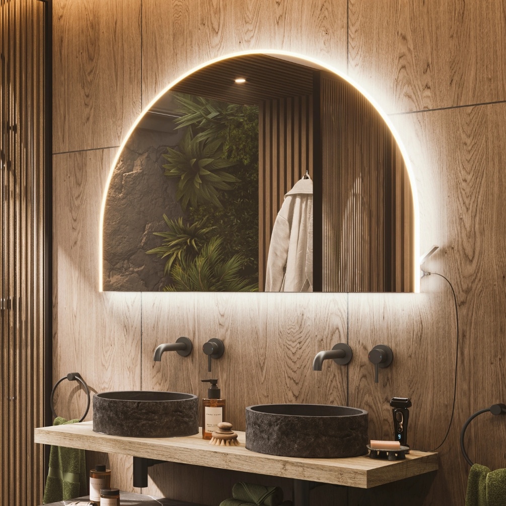 Lifestyle image of the hib. Alba Arch 800mm x 1200mm LED Mirror