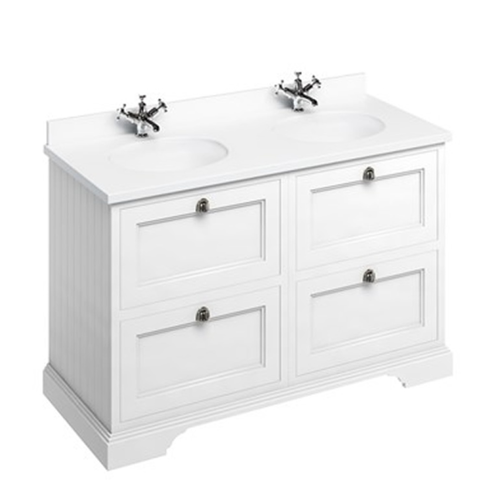 Product Cut out image of the Burlington Minerva 1300mm Double Worktop & Matt White Freestanding Vanity Unit with Drawers with white worktop