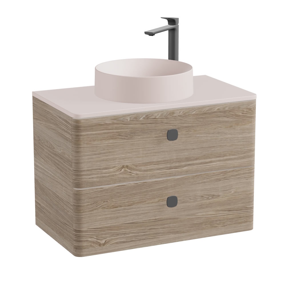 Vado Cameo 800mm Natural Oak Wall Hung 2 Drawer Vanity Unit, Pink Clay Worktop & Basin