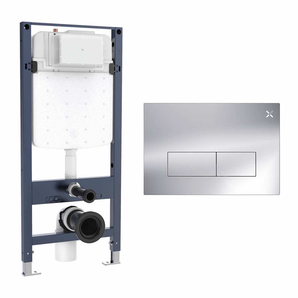 Cutout image of Crosswater 1120mm Slim Wall-Hung Cistern Frame & MPRO Chrome Stainless Steel Dual Flush Plate