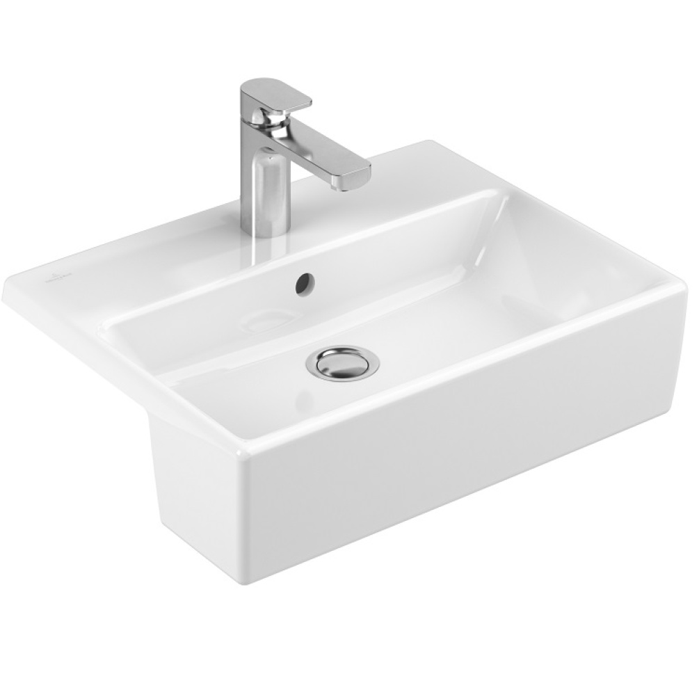 Product photo and cutout image of Villeroy and Boch 550mm Memento Semi Recessed 1 Tap Hole Alpin White basin 41335501