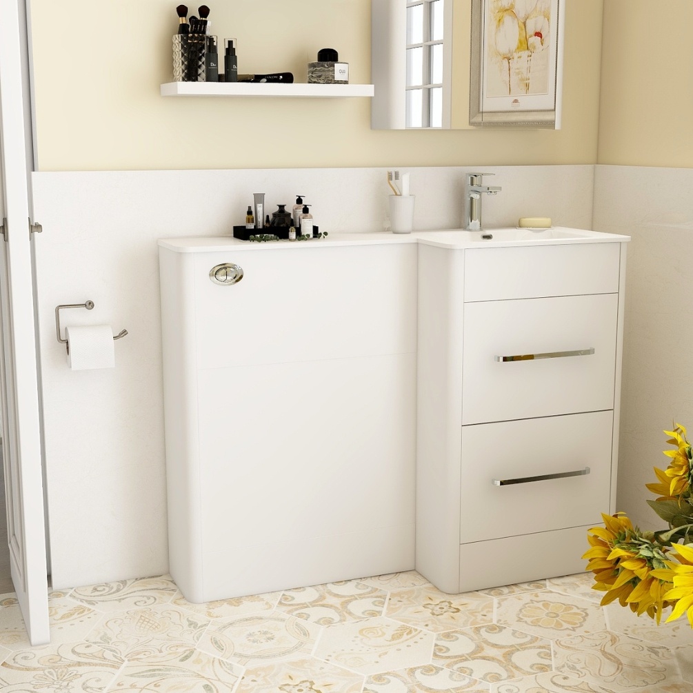 Imex Suburb Gloss White 600mm 2 Drawer Right Handed Toilet & Sink Vanity Unit Lifestyle