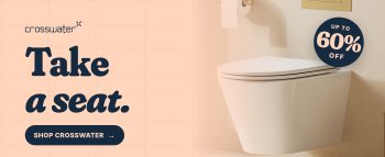 image of a double vanity unit and two bowls with pale blue background and text saying big bathroom sale and up to 50% off with britton bathrooms logo