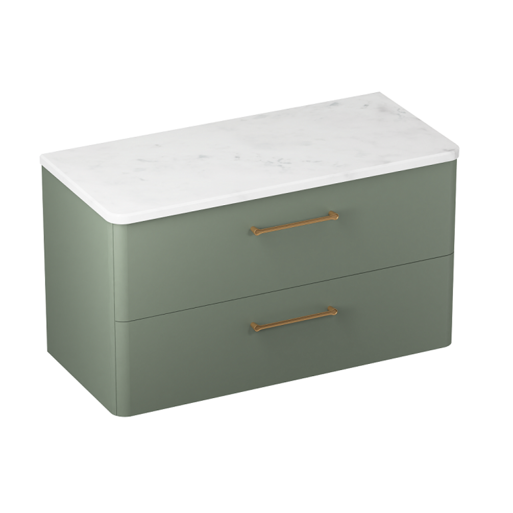 Product cut out photo of Britton Bathrooms Camberwell Earthy Green 1000mm Wall Hung Vanity Unit with Brass Handles and worktop C100DDG