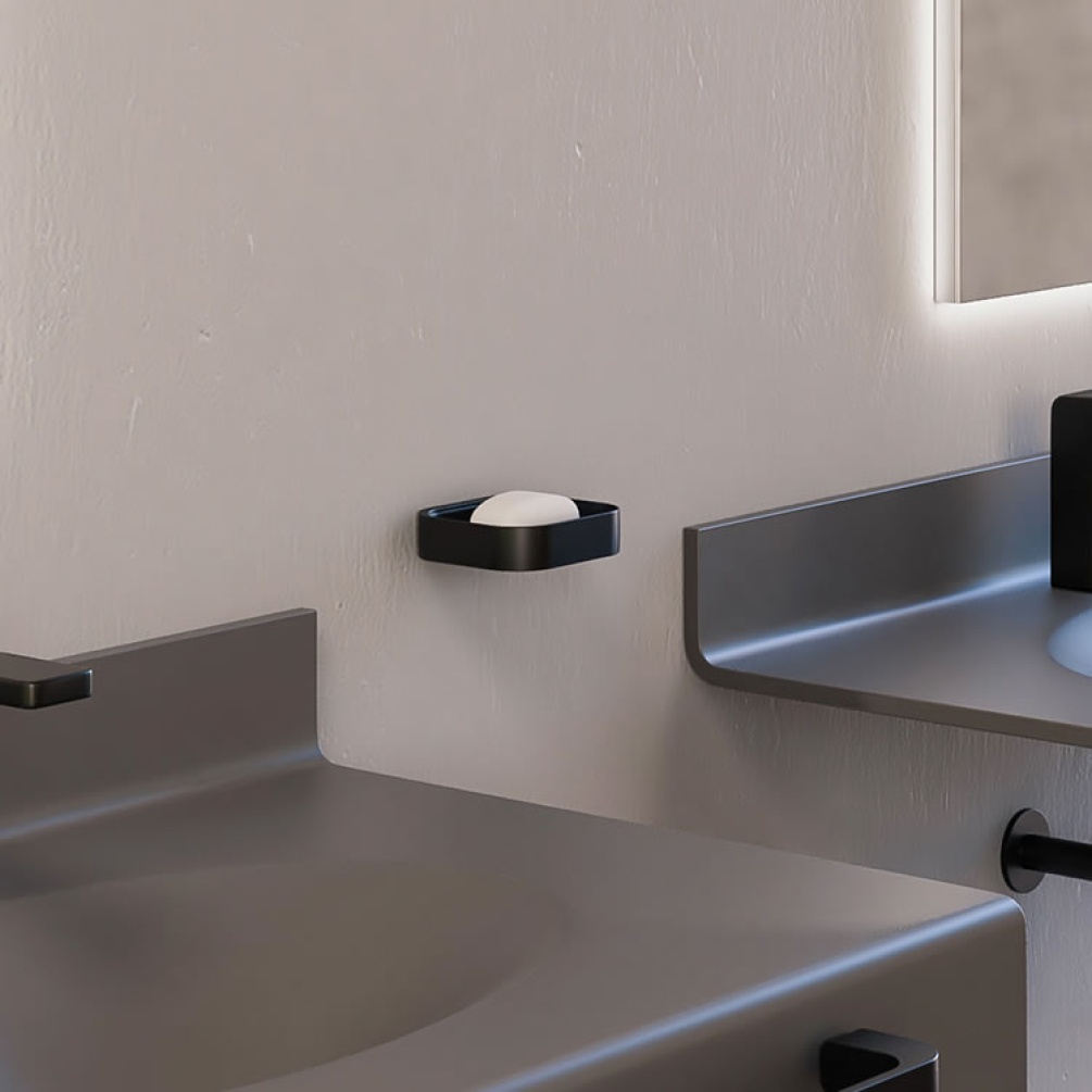 Lifestyle image of Origins Living Gedy Outline Metal Soap Dish mounted in modern-styled bathroom.