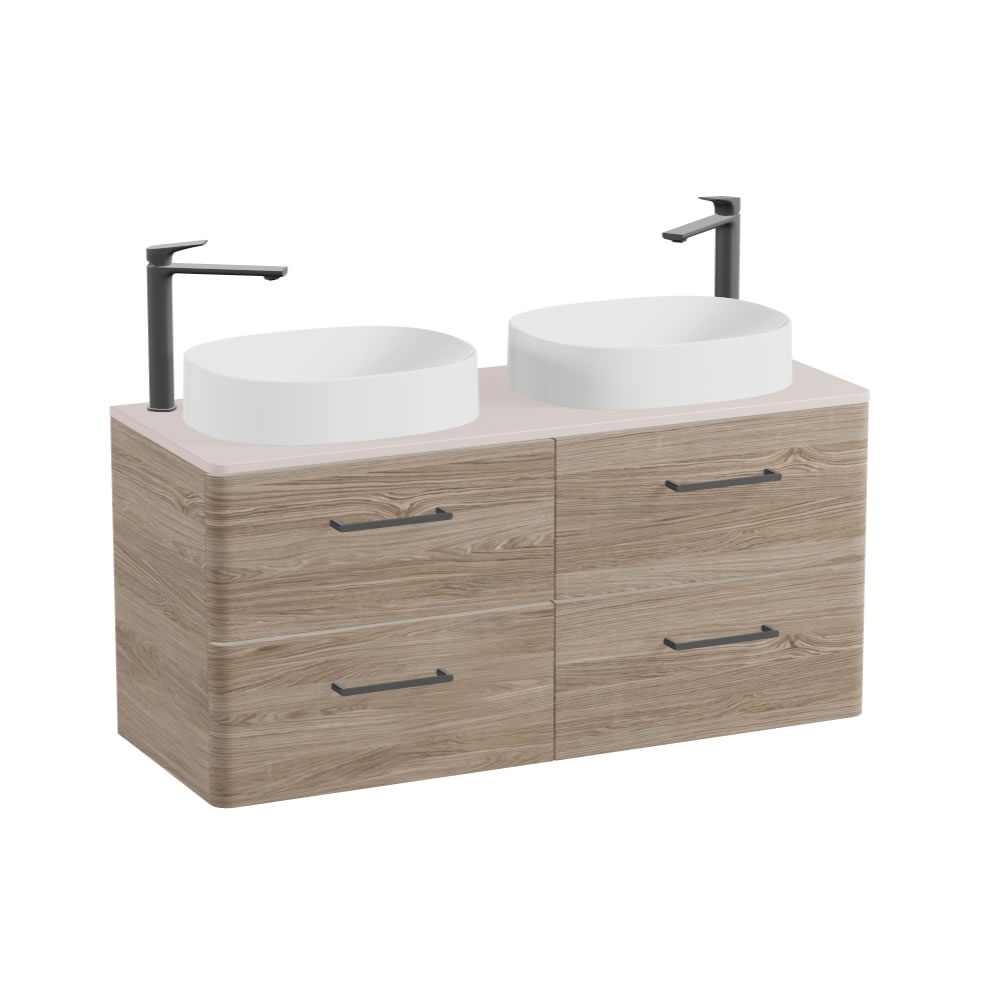 Vado Cameo 1200mm Natural Oak Wall Hung 4 Drawer Vanity Unit, Pink Worktop & Gloss Oval Basins