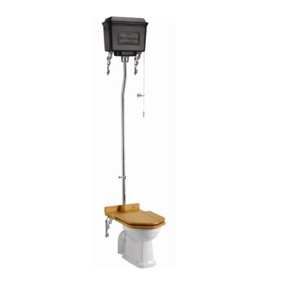 Product Cut out image of the Burlington Regal Black Aluminium High Level Toilet with an Oak Toilet Seat