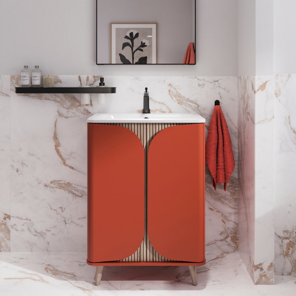 Close up product lifestyle image of the Crosswater Tambour Soft Clay 600mm Floorstanding Unit with Basin