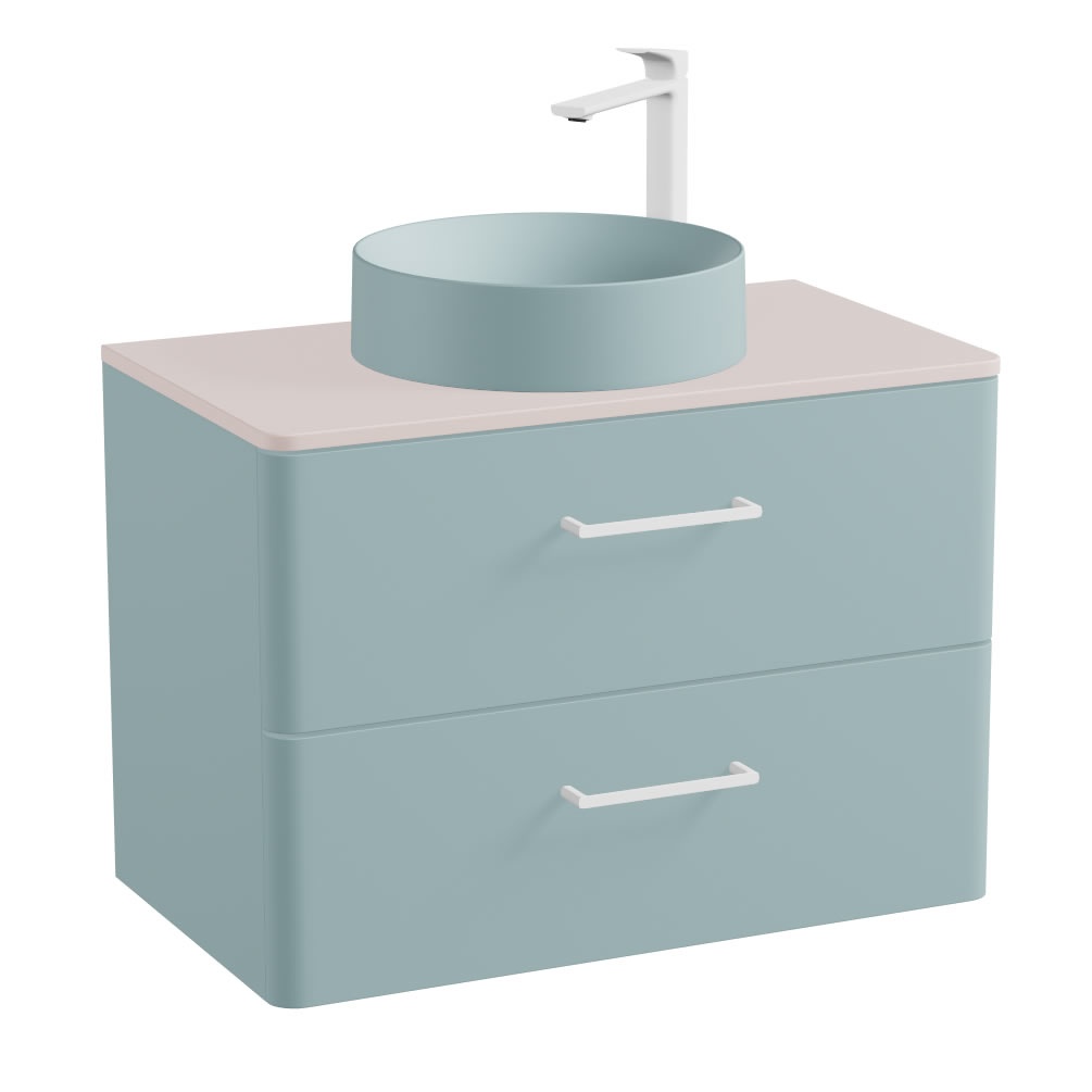 Vado Cameo 800mm Cove Blue Wall Hung 2 Drawer Vanity Unit, Pink Worktop & Cove Blue Basin