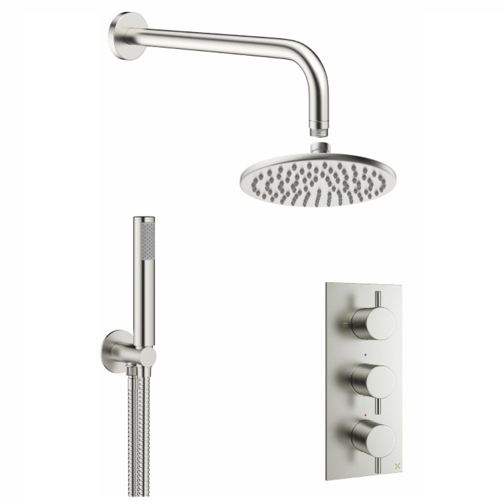 Product cutout image of Crosswater MPRO 2 Outlet 3 Control Shower Bundle in brushed stainless steel