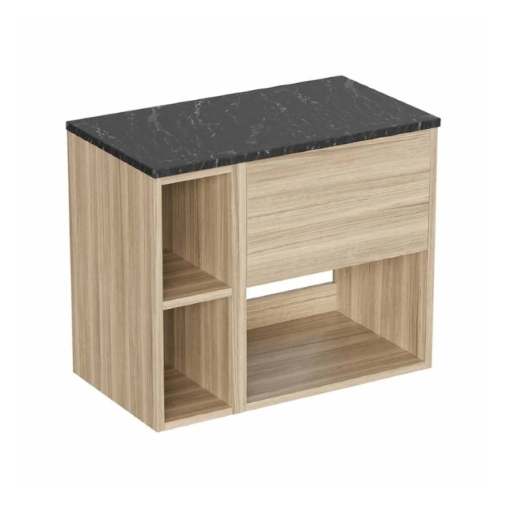 Cut out image of the Britton Hackney Cherry Wood 700mm Wall Hung Vanity Unit with Marquina Worktop & Shelf Unit