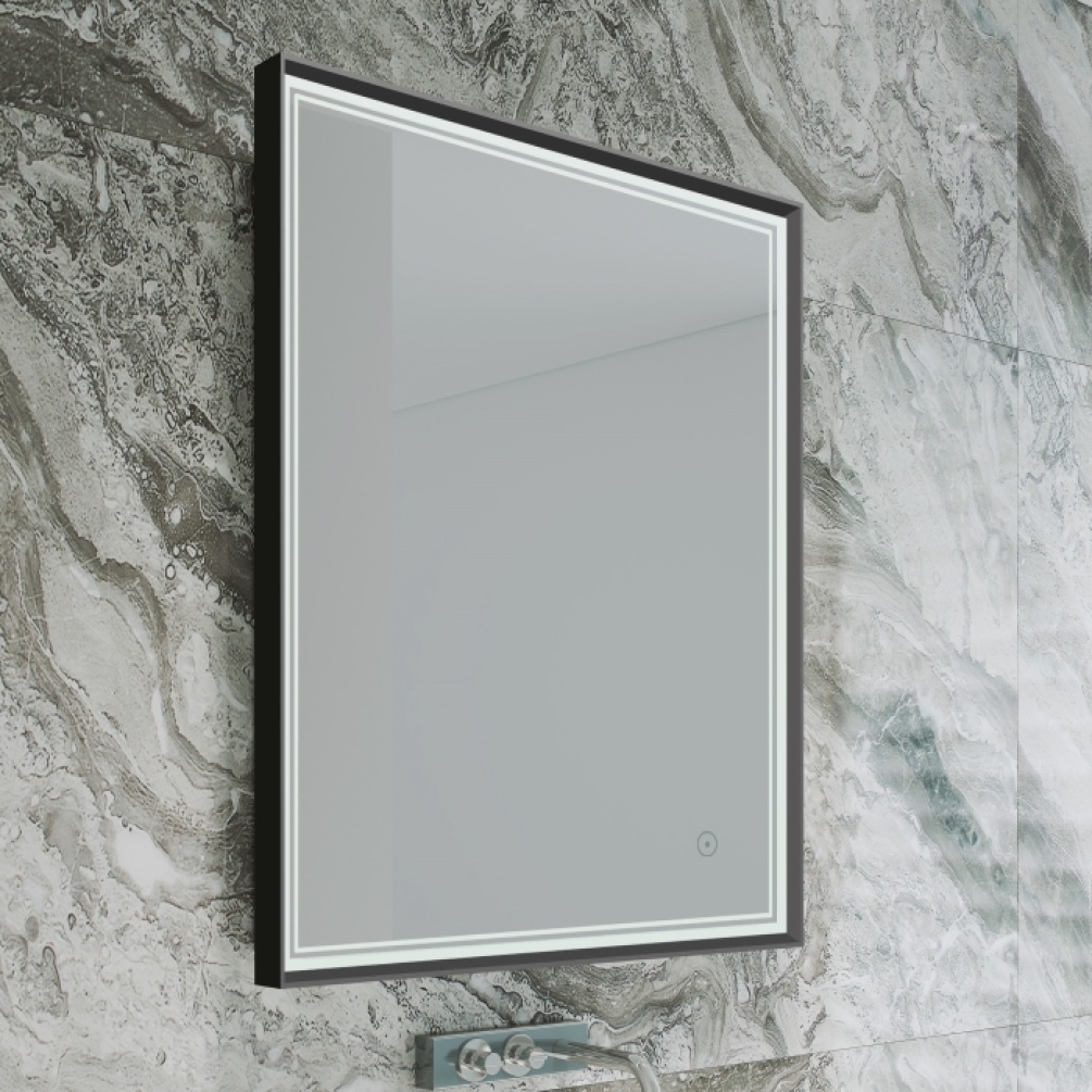 Image of Origins Living Astoria Mirror Black Frame against a grey marble wall