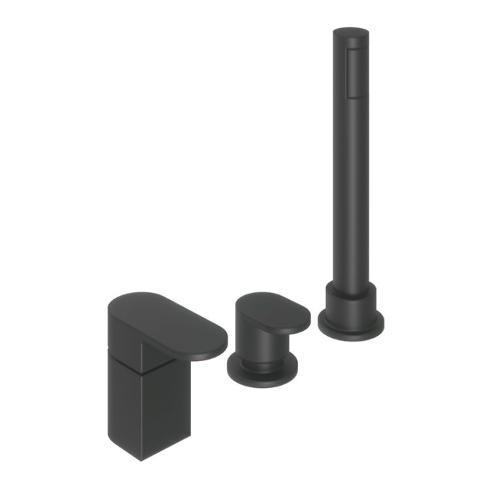 Product Cut out image of the Abacus Ki Matt Black 3 Tap Hole Deck Mounted Bath Shower Mixer