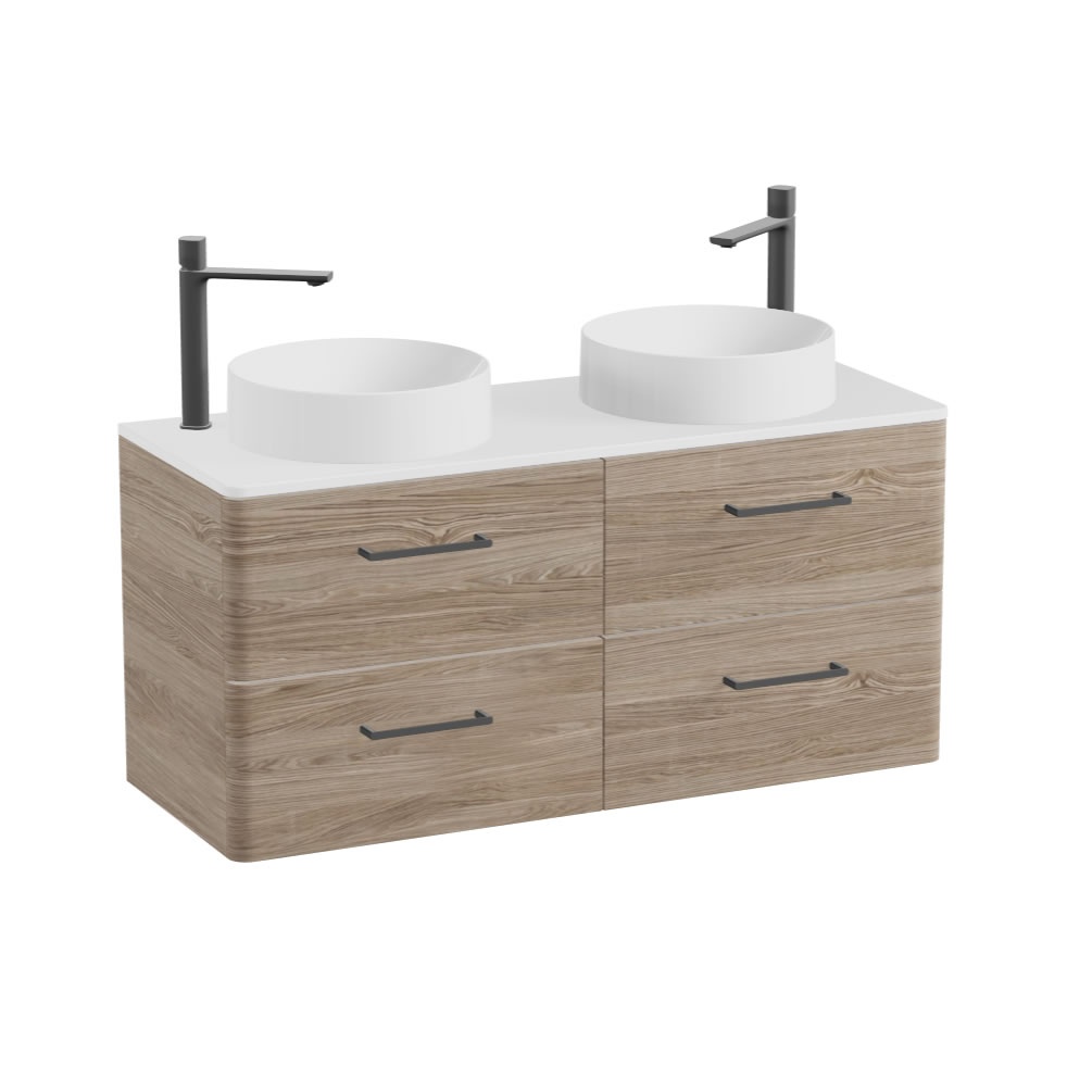 Vado Cameo 1200mm Natural Oak Wall Hung 4 Drawer Vanity Unit, Worktop & Basins