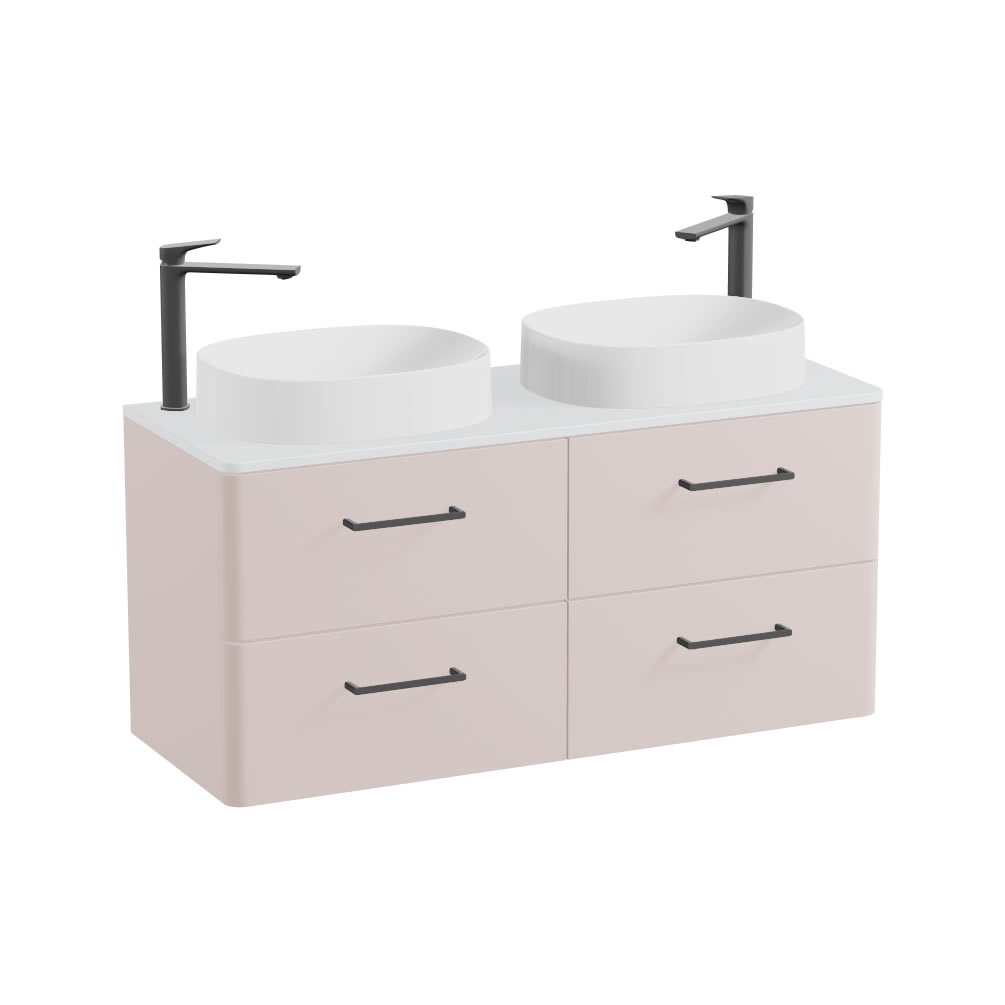 Vado Cameo 1200mm Pink Clay Wall Hung 4 Drawer Vanity Unit, Arctic Worktop & Gloss Basins