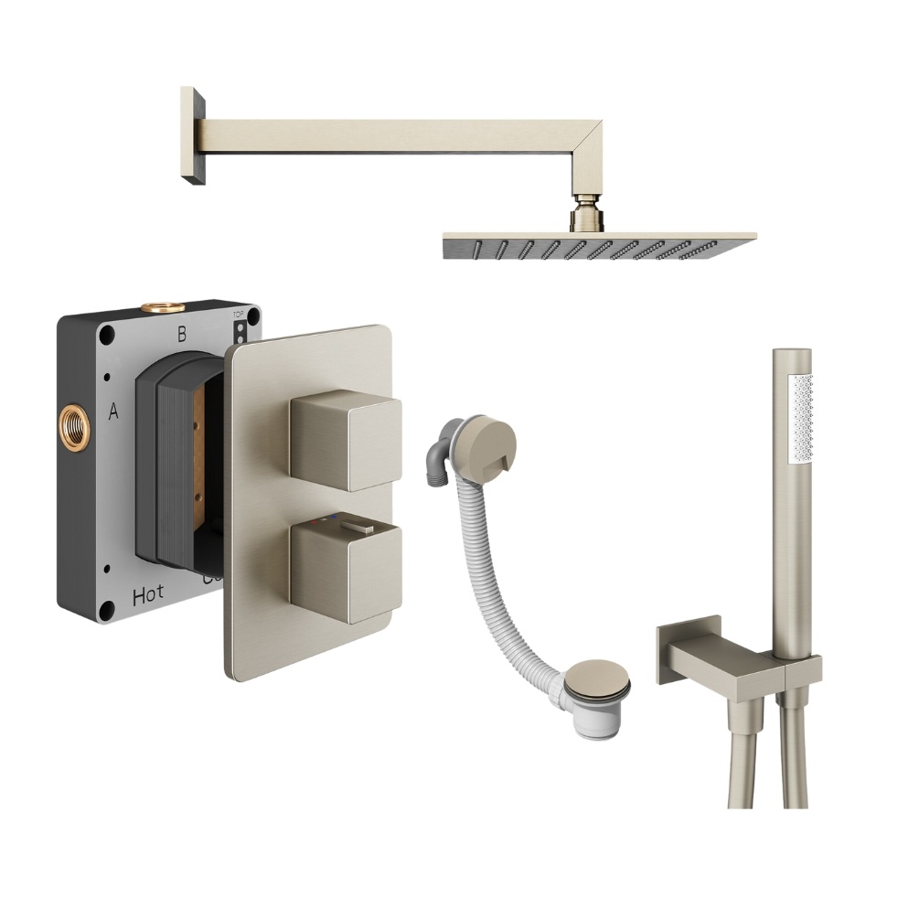 Product Cut out image of the Abacus Square Brushed Nickel 3 Outlet Shower Pack with Bath Filler & Handset