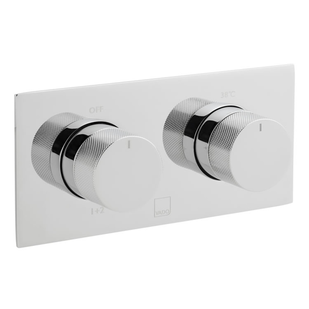 Cutout image of Vado Tablet Knurled Accents 2 Outlet Thermostatic Valve Horizontal.